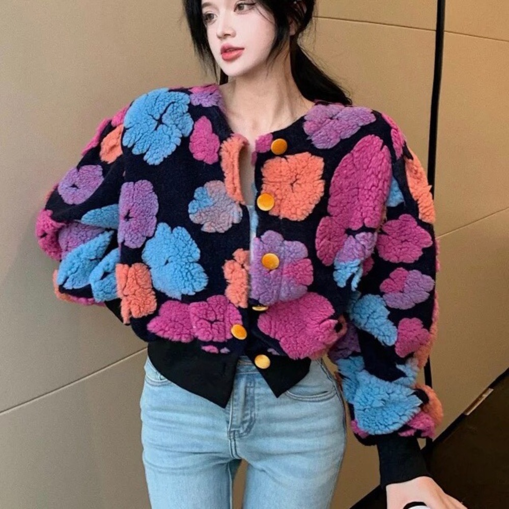 Floral jacket bomber puff sleeve coat fuzzy 3D flowers runway fashion pink black